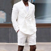 Double Breasted Linen Summer Men Suits with Short Pants 2 Piece White Blazer Casual Fashion Style Wedding Groom Tuxedos WHITE
